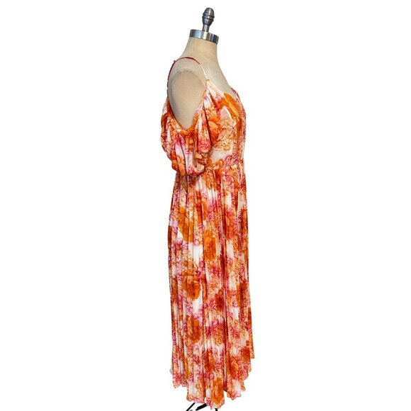 Dalia Macphee Orange Floral Cold Shoulder Floral Pleated Midi Dress Small - Picture 3 of 7